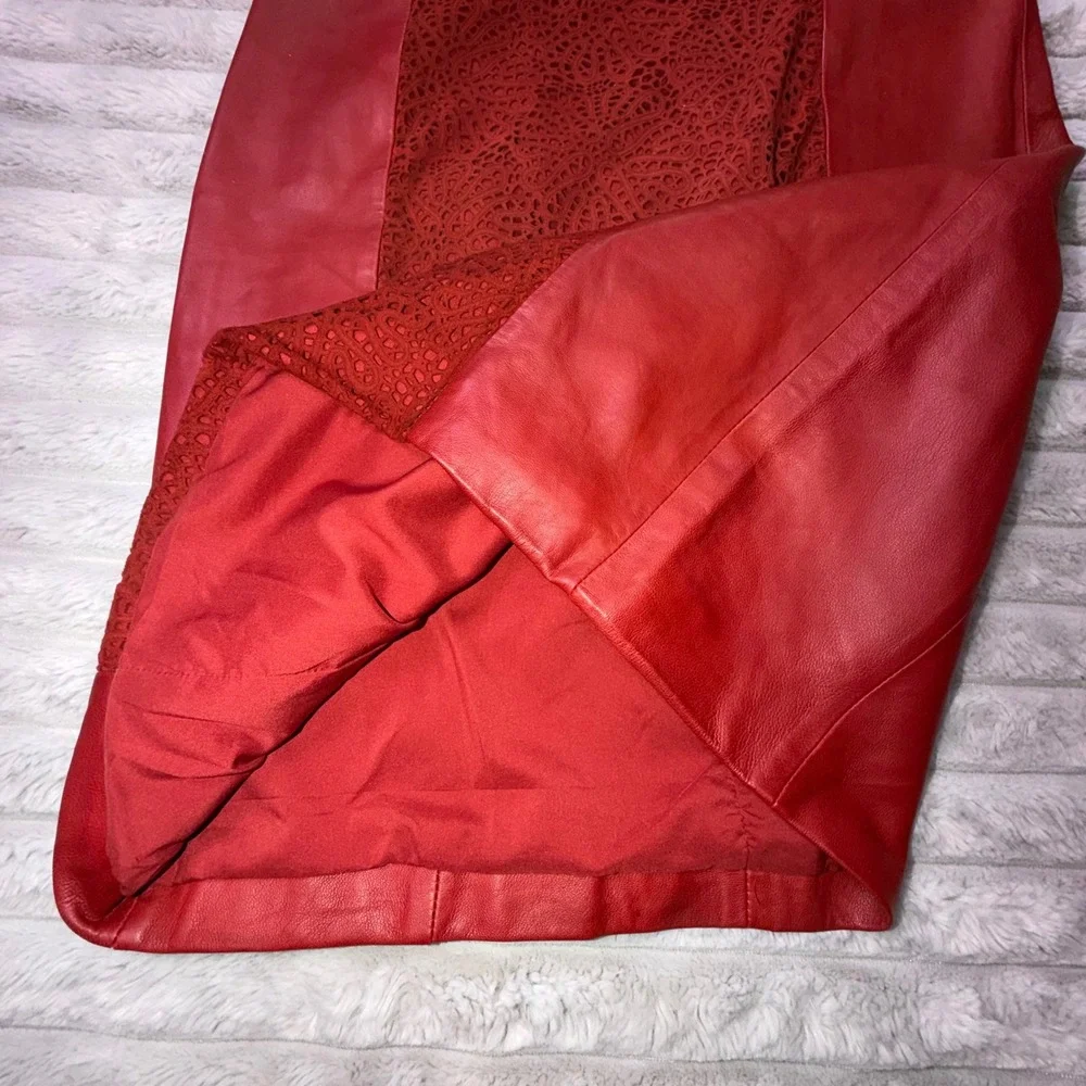 Vakko Women's 2 Red Leather Laser Cut Lace Front Sheath Dress Sleeveless 90s